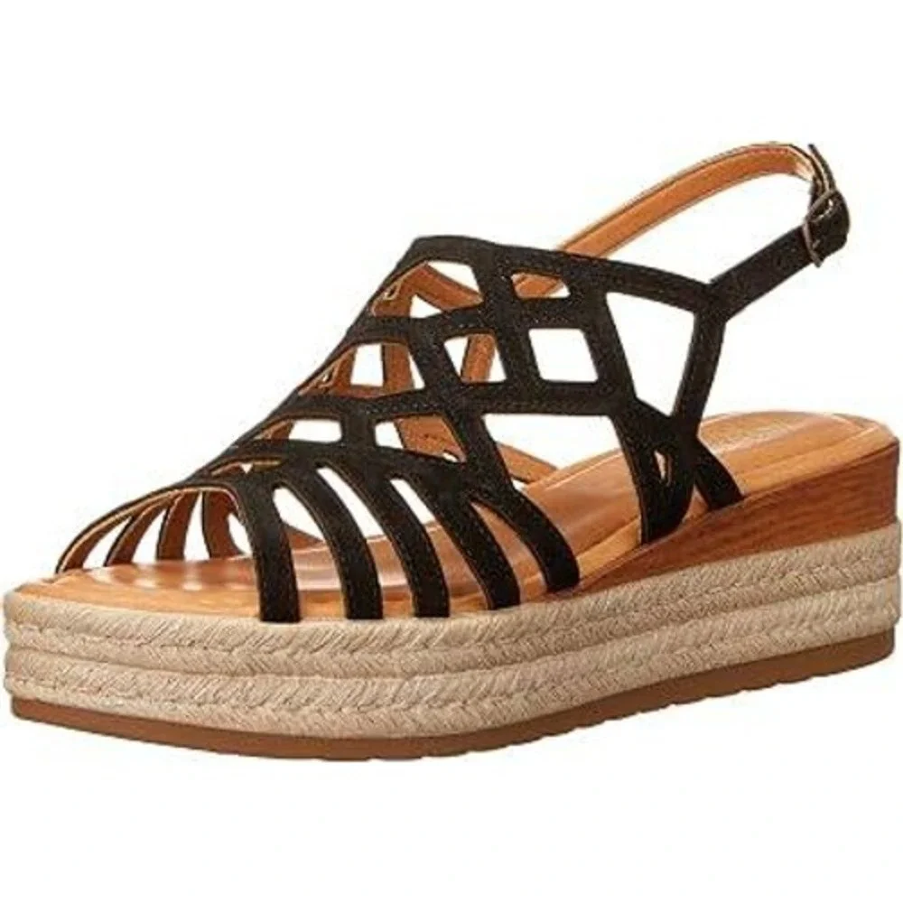 Bella Vita Italy Womens Black Suede Cage Wedge Espadrille Sandals Size 8.5 NEW